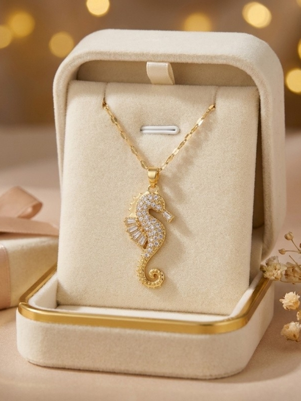 Gold Pave Seahorse Pendant Necklace - Women Jewelry